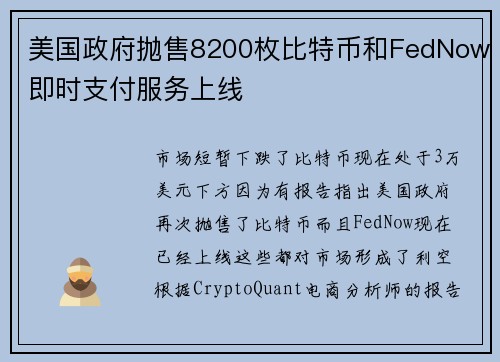 美国政府抛售8200枚比特币和FedNow即时支付服务上线